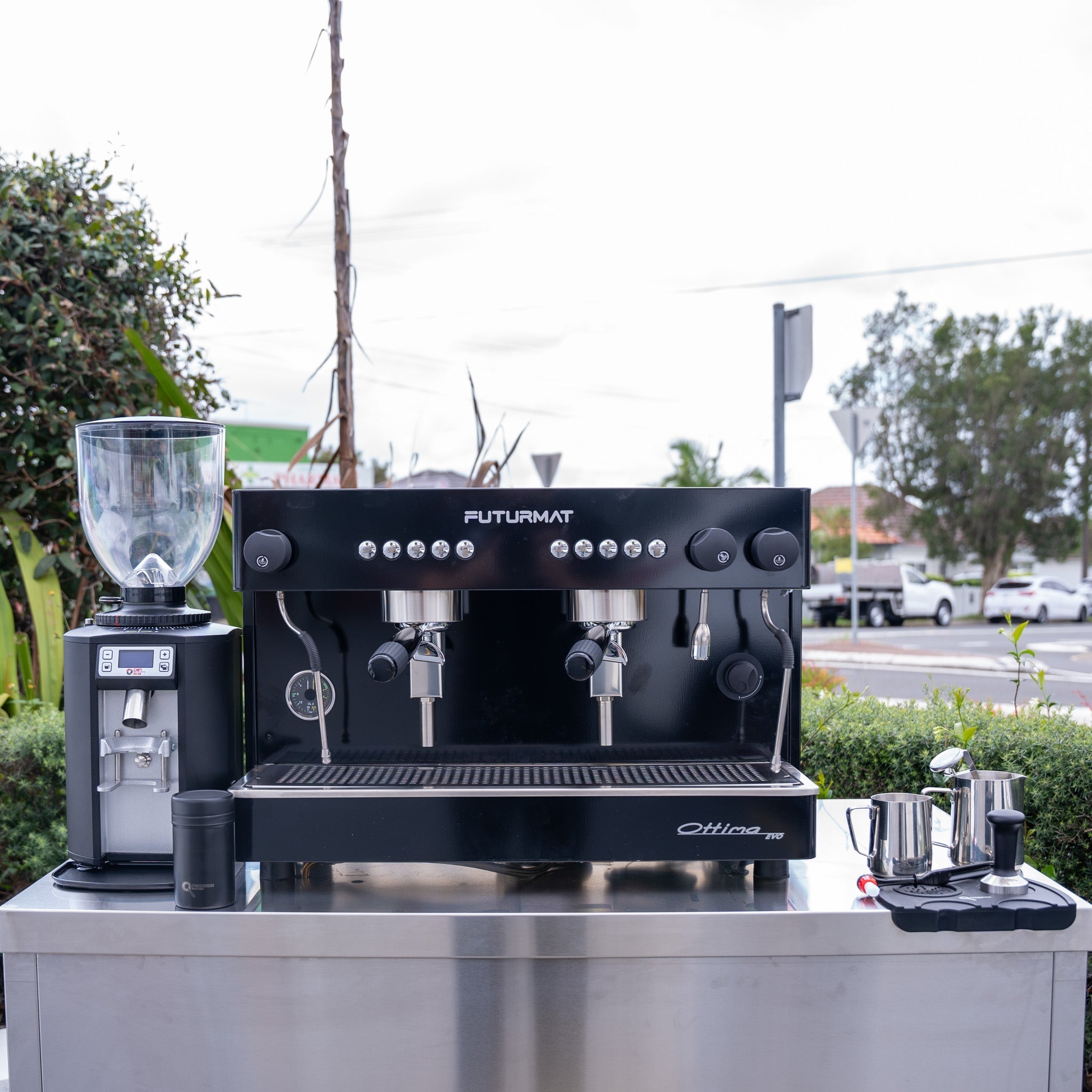 Black Futurmat Ottima & DIP DS - 68 Grinder + Precision Accessories & Stainless Steel Coffee Cart Package - Australia - Di Pacci